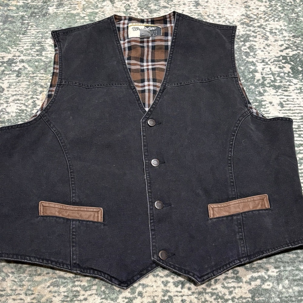 Vintage Wrangler Black Denim Vest Flannel Lined Leather Trim Western Men's XL